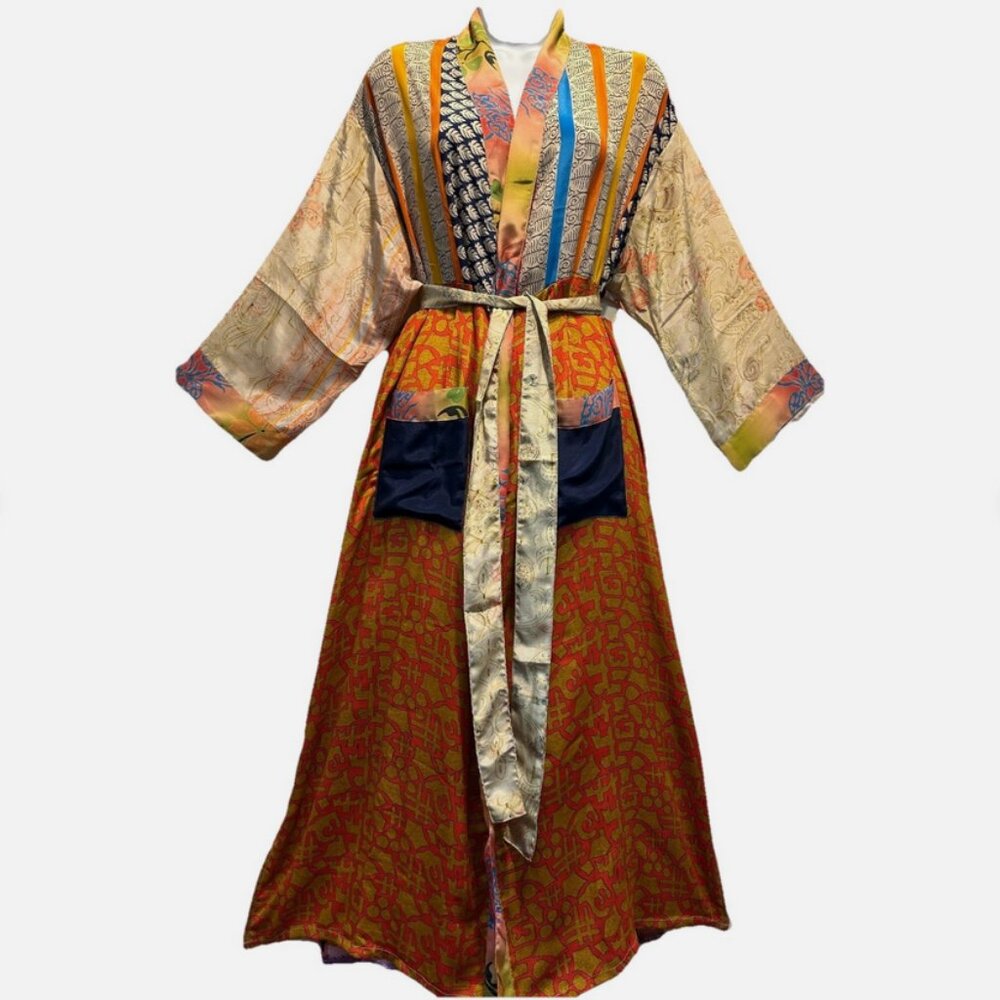 Nwt FUNKY STUFF boho patch belted vintage silk TOP DUSTER CARDIGAN 3X